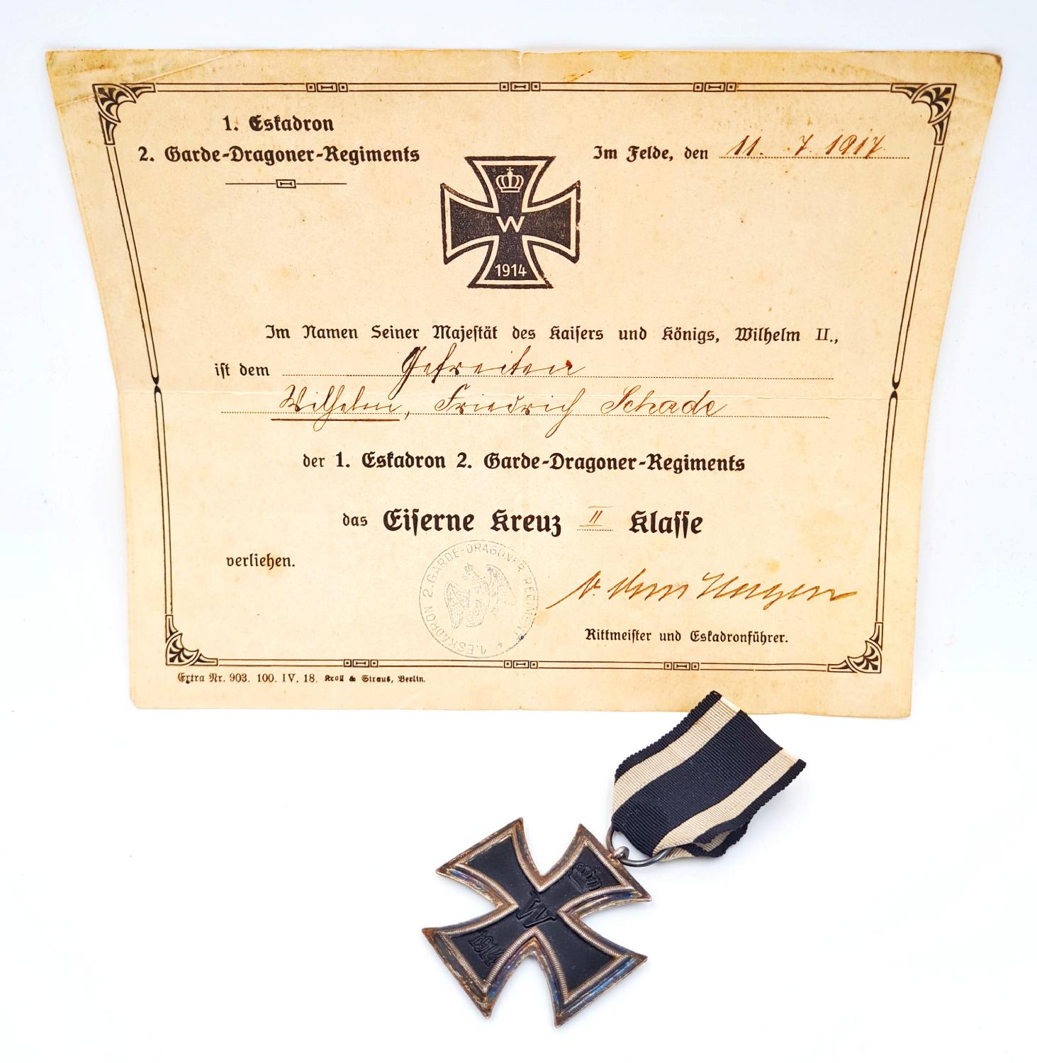 militaria : Croix de fer seconde classe 1914 + diplôme Garde Dragoner Regiment