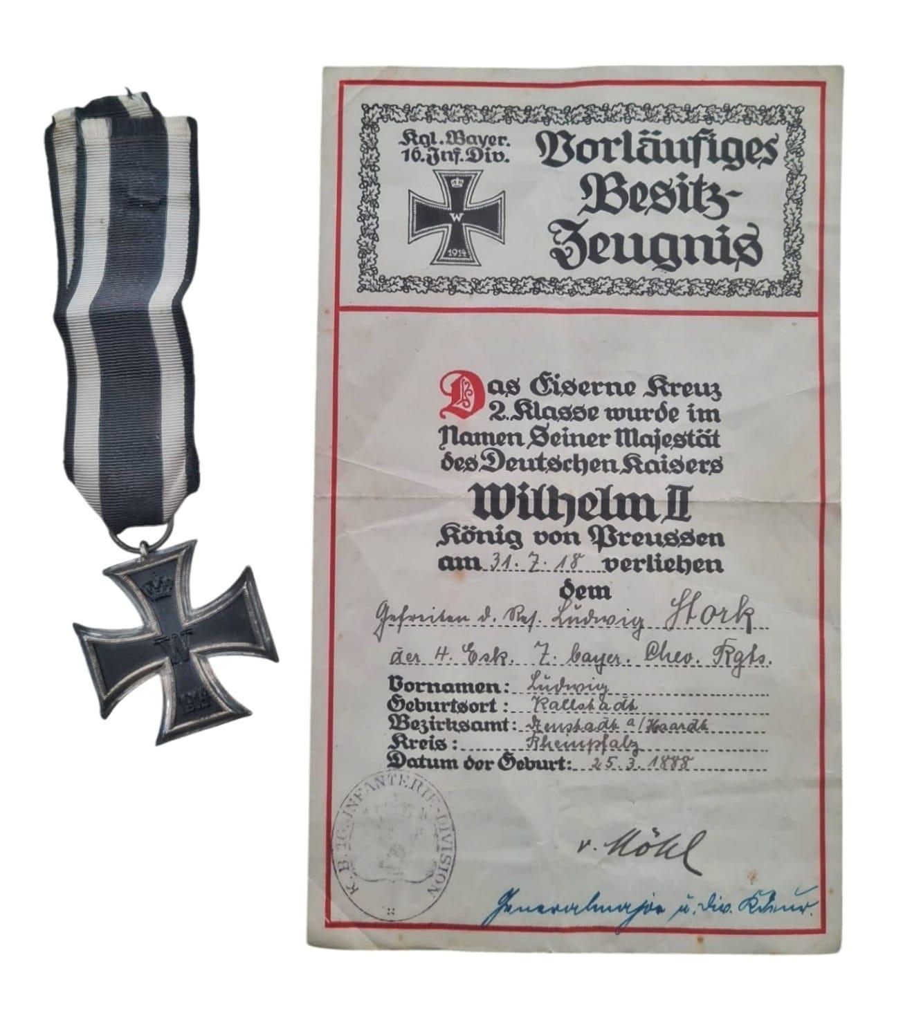 militaria : Croix de fer seconde classe 1914 + diplôme Chevaux Légers Bavarois Nr.7