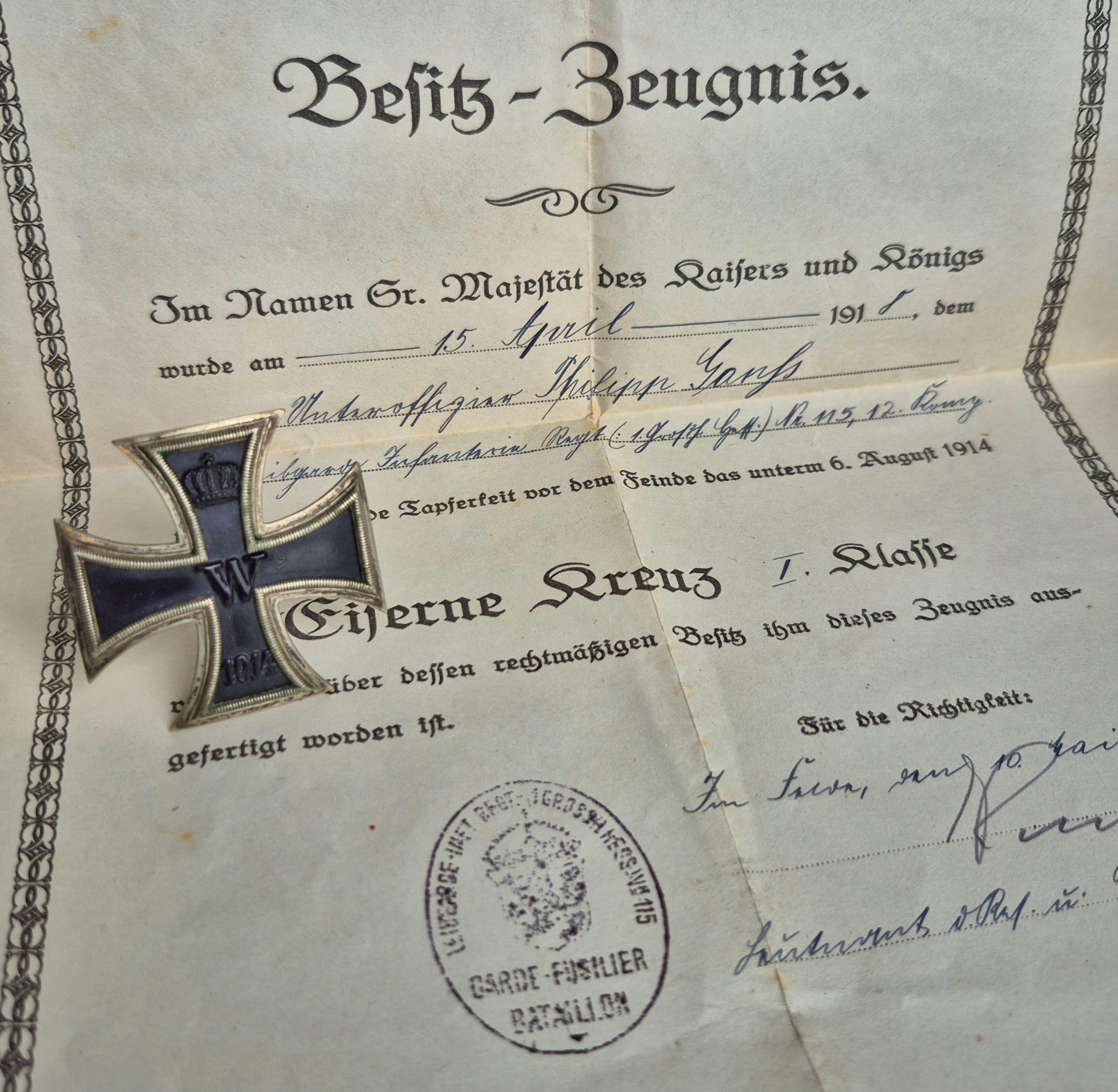 militaria : Croix de fer 1ère classe bombée et diplôme 115ème Hessois