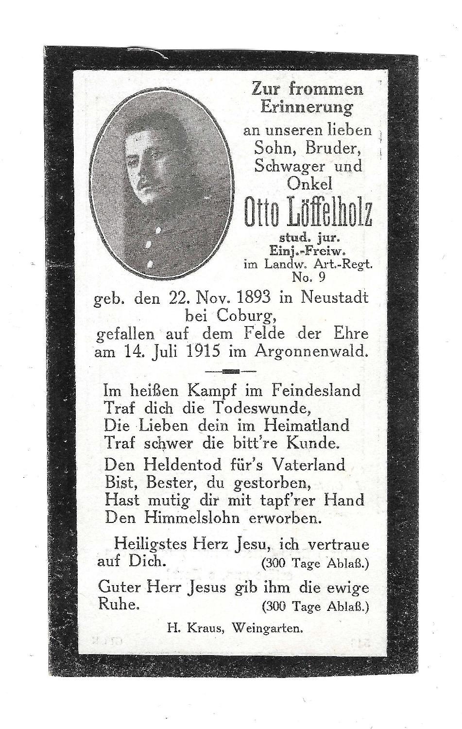 militaria : Avis de décès allemand 1915 Forêt d'Argonne