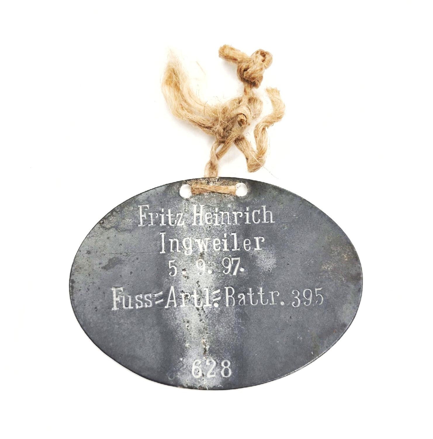 militaria : Plaque d'identité Fussartillerie Batterie 395 Ingweiler