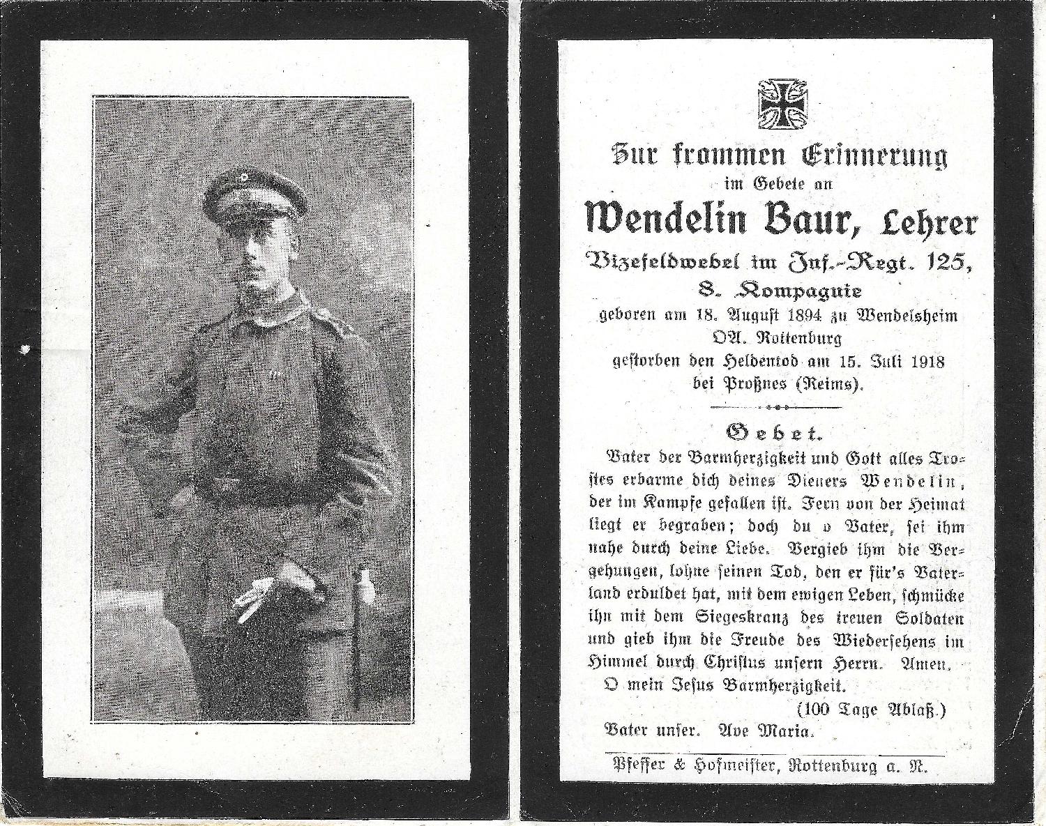 militaria : Avis de décès Württemberg IR 125 Prosnes Reims