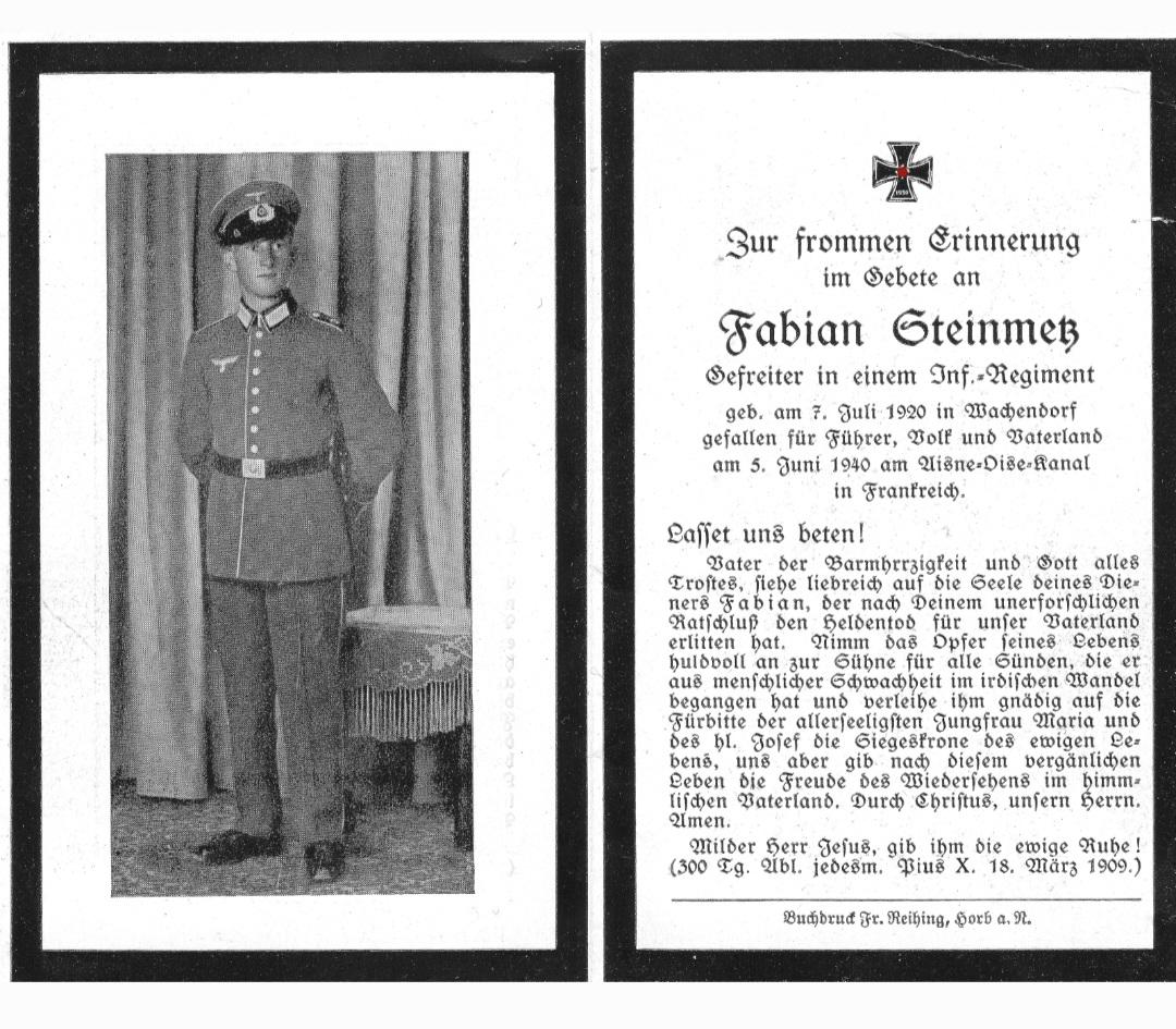 militaria : Sterbebild Gefreiter Campagne France 1940 canal Aisne Oise