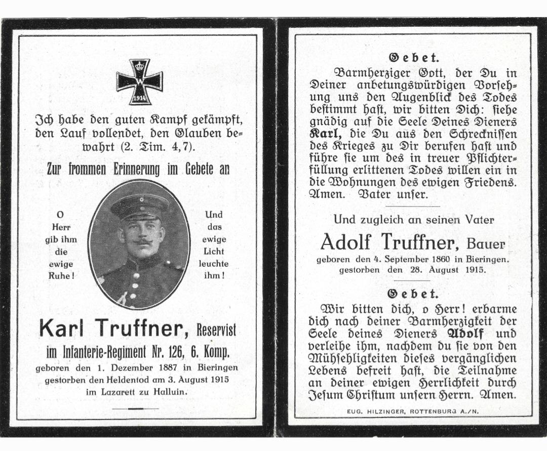 militaria : Sterbebild Württemberg IR. 126 août 1915 Halluin France père et fils