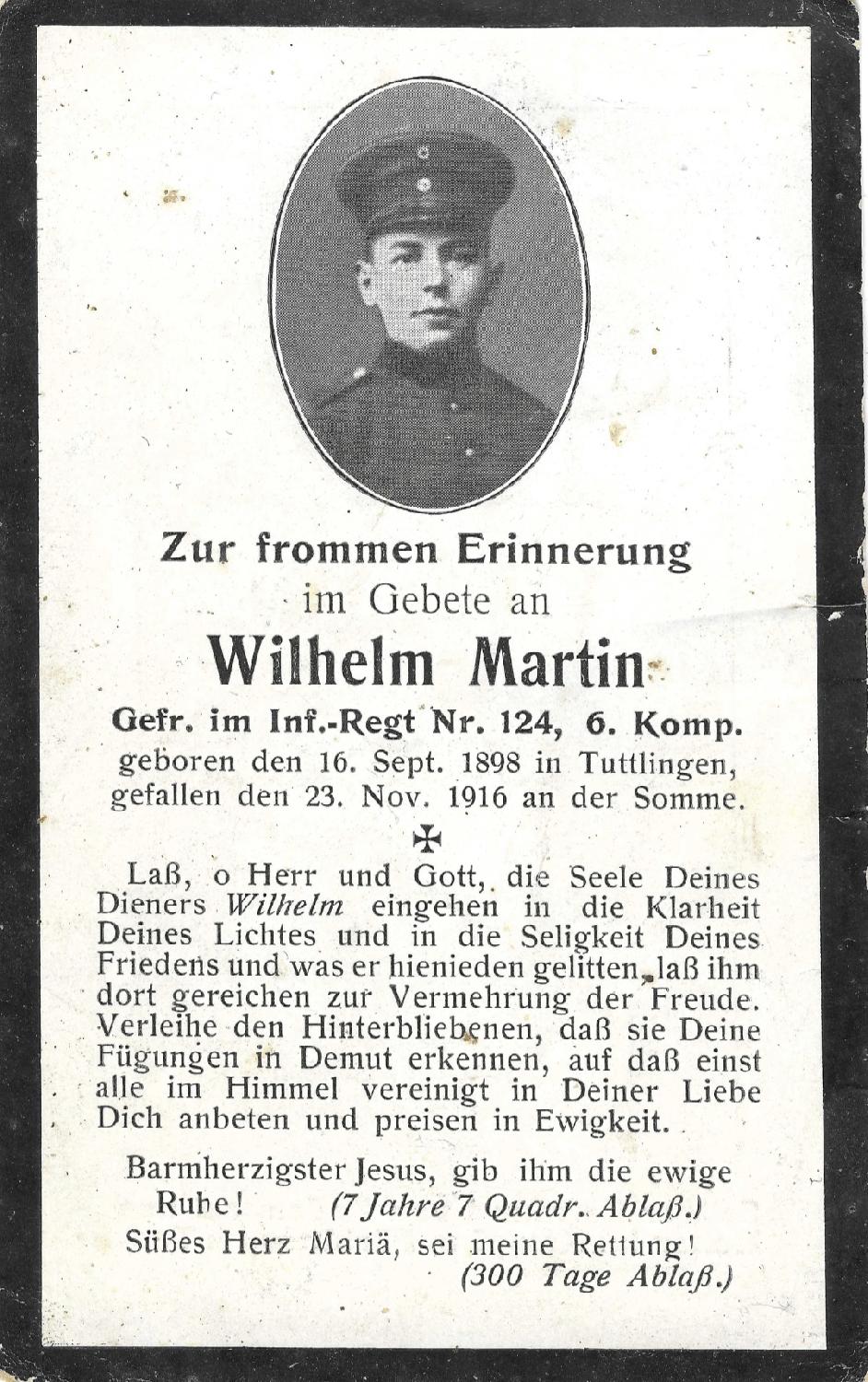 militaria : Sterbebild Württemberg Gefreiter IR 124 Somme 1916