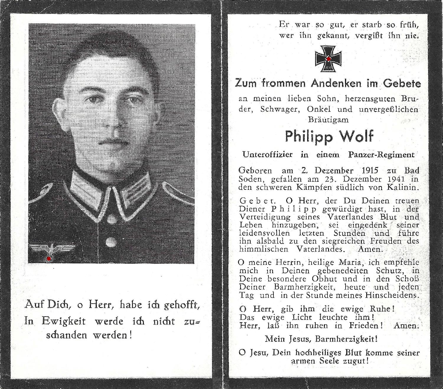 militaria : Sterbebild sous officier Panzer Regiment Kalinin 1941